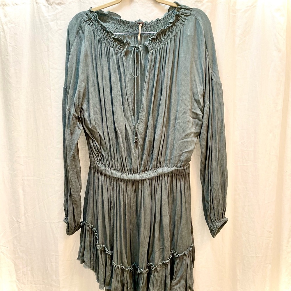 Free People Slate Blue Mini Boho Dress w/drop elastic waist